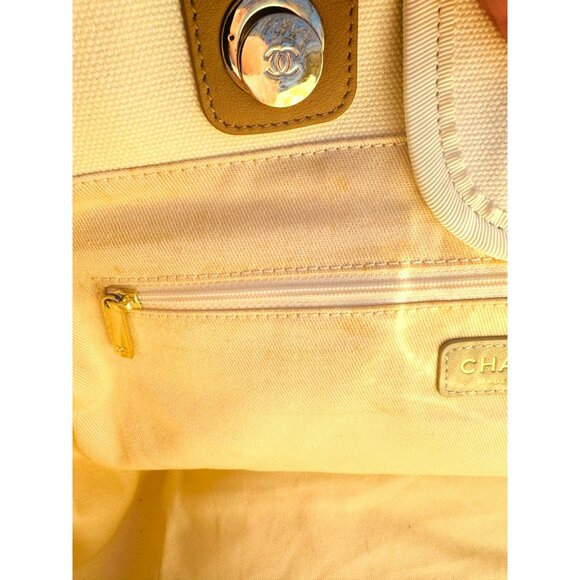 Chanel Beige Canvas & Leather Chain Tote Bag With Dual Handles & Logo Embroidery - Picture 12 of 16